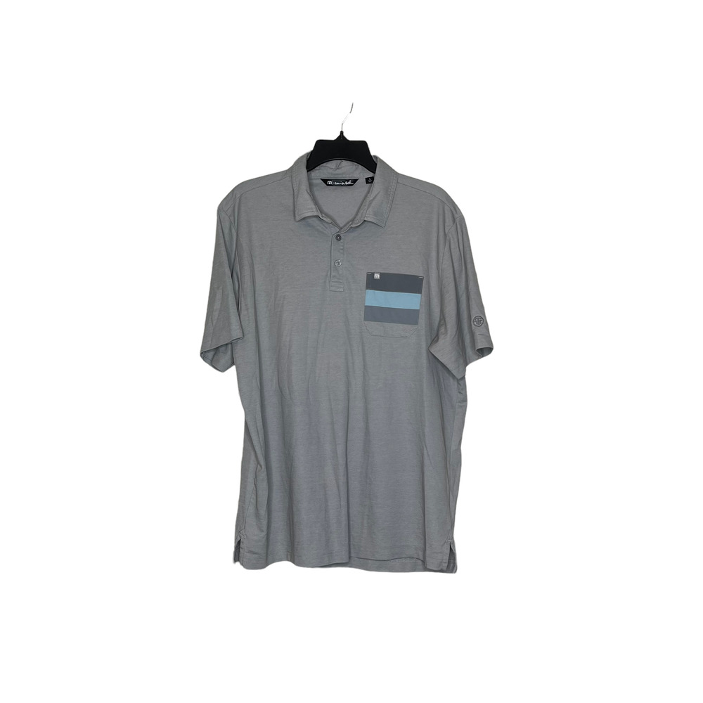 Travis Mathew Mens Polo Shirt Size Large Gray With Striped Pocket & Logo